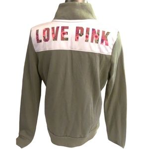 Victoria's Secret PINK Green w/ White Tropical Floral Logo Perfect Quarter Zip M